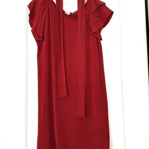 Vanessa Bruno Crimson Ruffle-Sleeve Midi Dress with Tie Neck